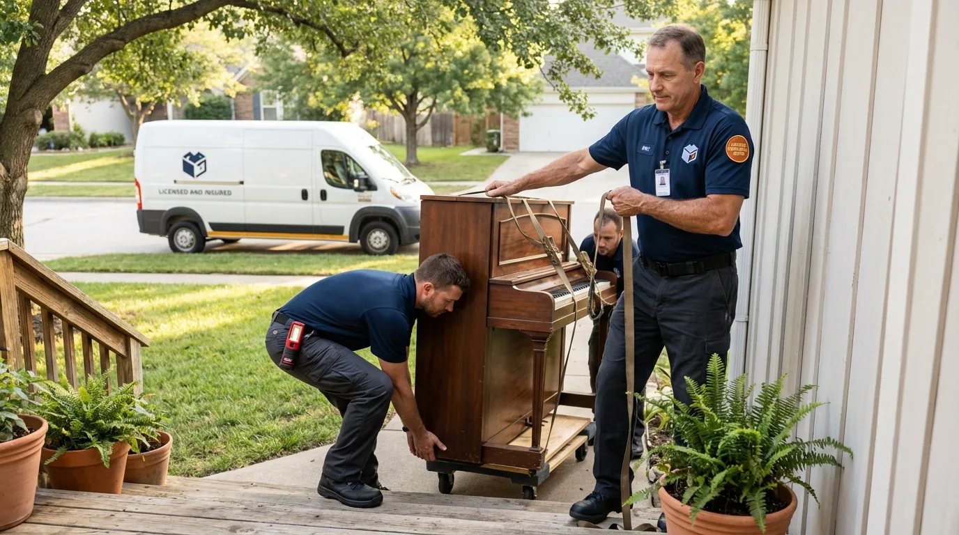 Licensed piano movers securing grand piano in Dayton, WA