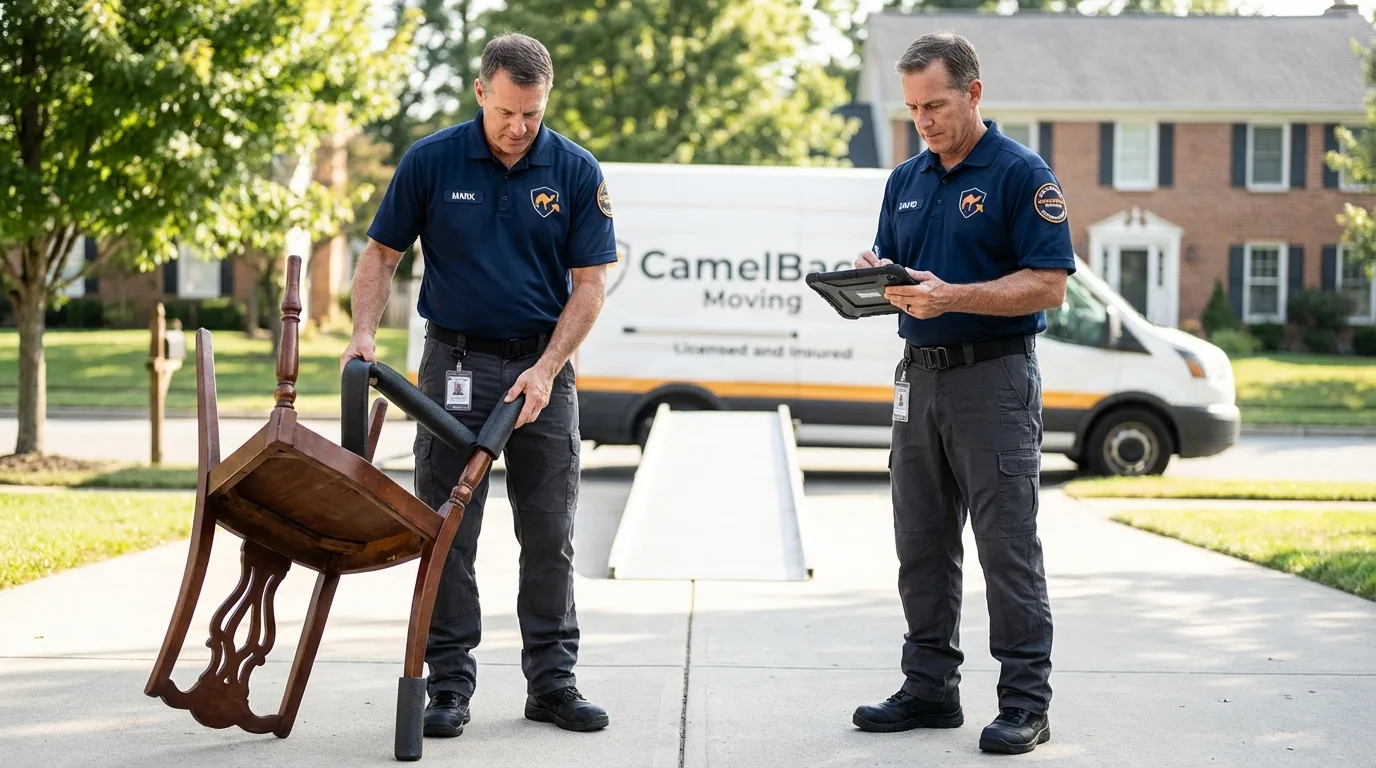 Movers inspecting furniture for damage prevention before loading in Dayton, WA