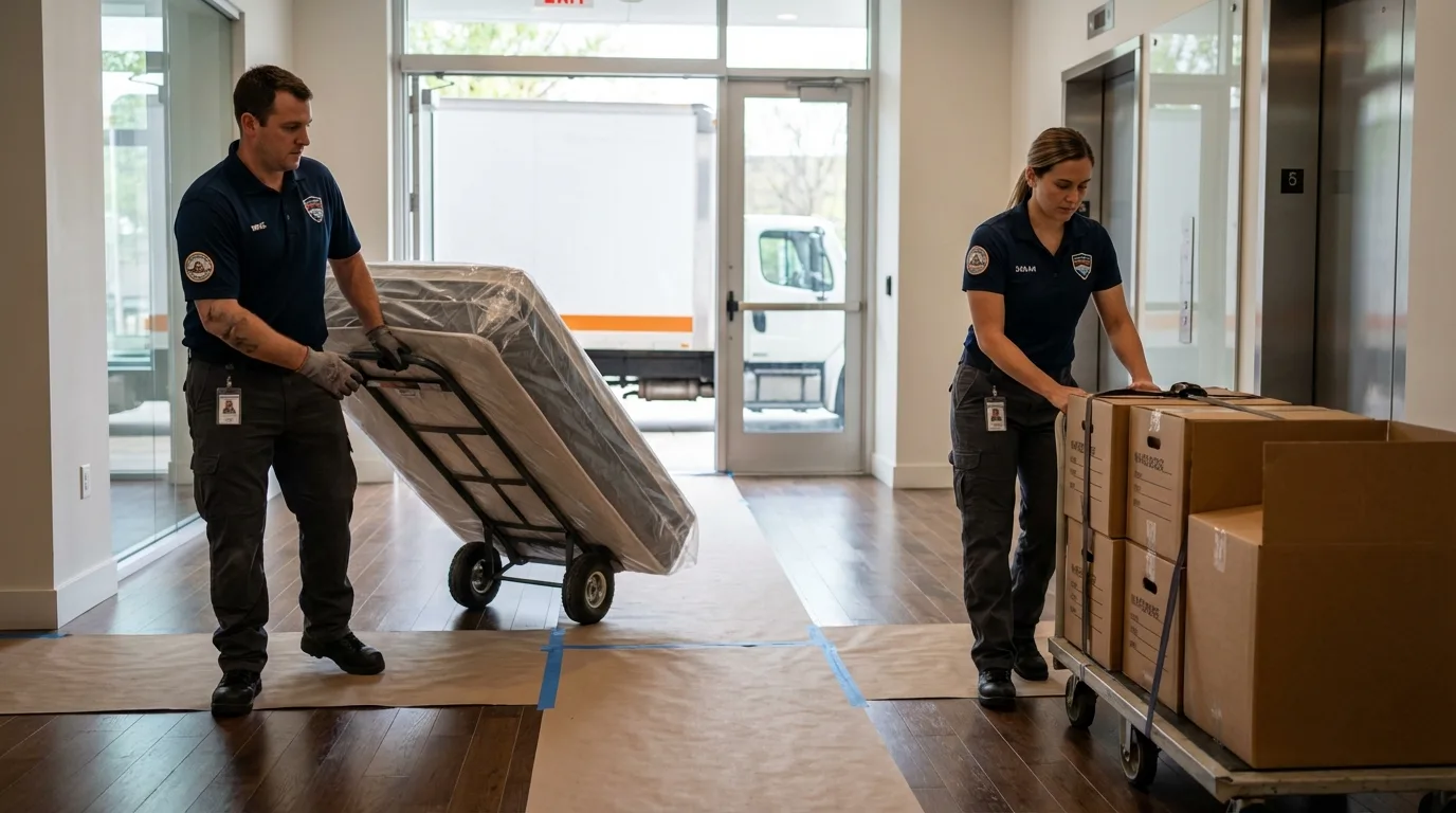 Professional apartment movers loading elevator in Dayton, WA