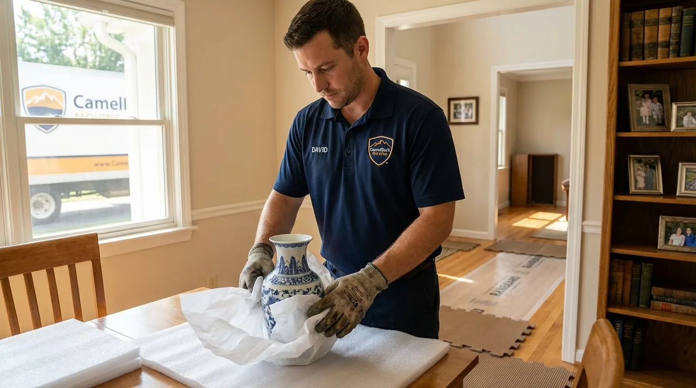 Professional crew carefully wrapping antique vase for senior downsizing move in Dayton, WA